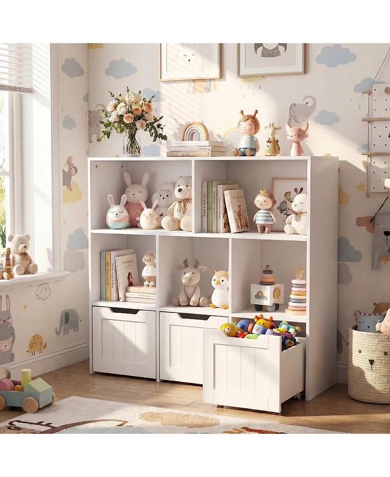 Gymax Toy Storage Organizer with 3 Movable Drawers 5 Open Cubbies and Hidden Wheels