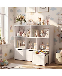 Gymax Toy Storage Organizer with 3 Movable Drawers 5 Open Cubbies and Hidden Wheels