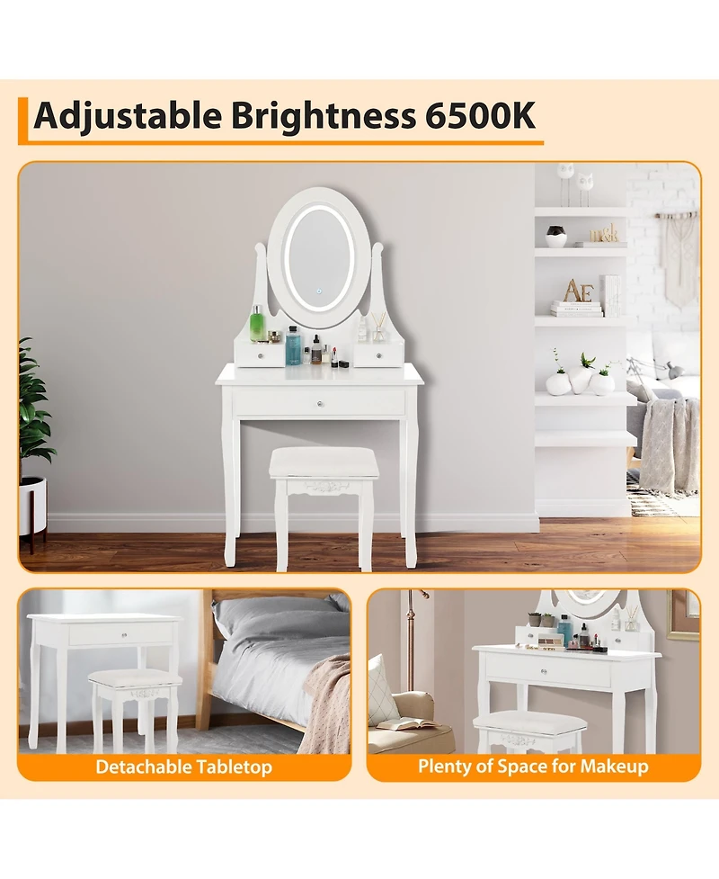 gaomon Vanity Table and Chair Set, Princess Kids Dressing Makeup Desk with Rotating Led Mirror, Cushioned Stool, Storage Drawers