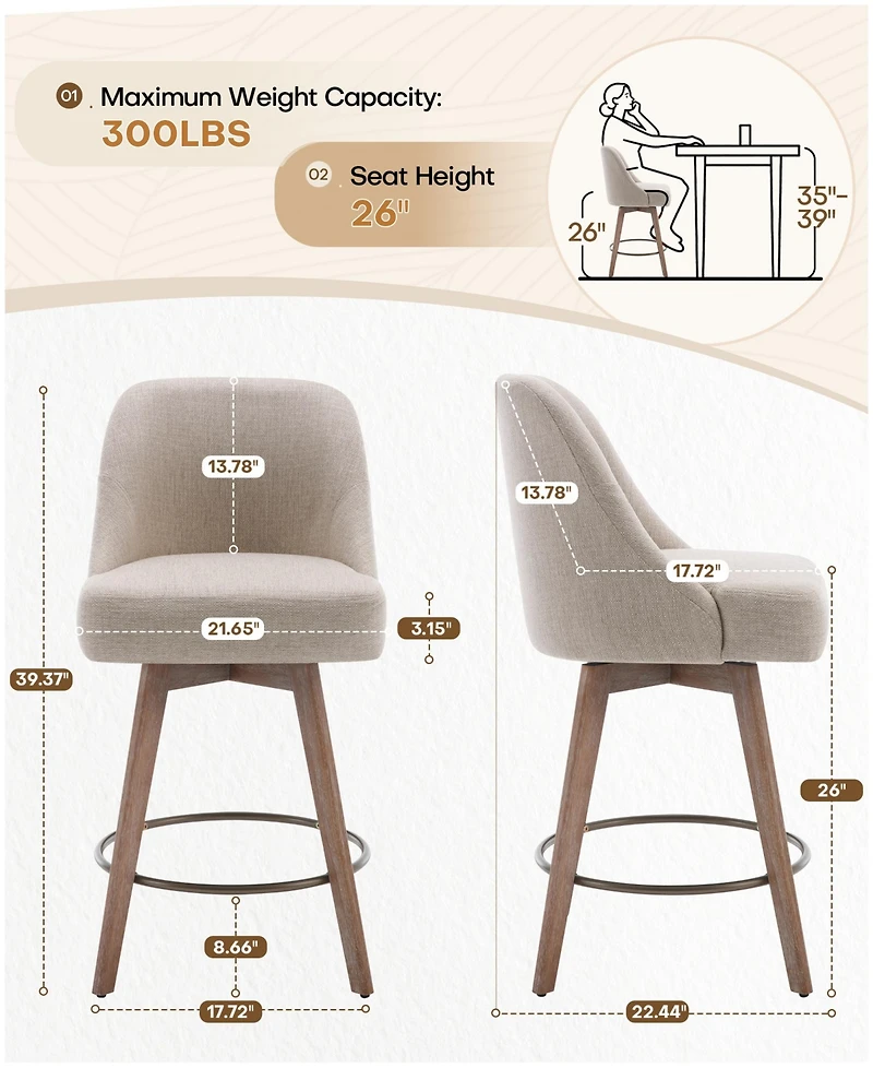 Bekrvio 26" Mid-Century Swivel Counter Height Bar Stools, Upholstered Linen and Pu Leather Kitchen Stools
