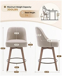Bekrvio 26" Mid-Century Swivel Counter Height Bar Stools, Upholstered Linen and Pu Leather Kitchen Stools