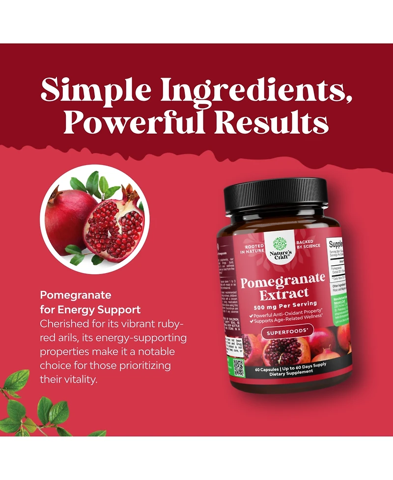 Nature's Craft Pomegranate Extract Capsules 500mg - Pomegranate Fruit Extract - Easy-to-Swallow Capsules