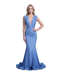 Jessica Angel Women's Ruched Plunge Pleated Sleeveless Mermaid Gown