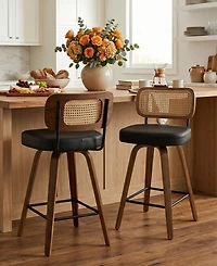 Bekrvio 29" Mid-Century Swivel Bar Height Stools, Rattan Back and Faux Leather Kitchen Stools