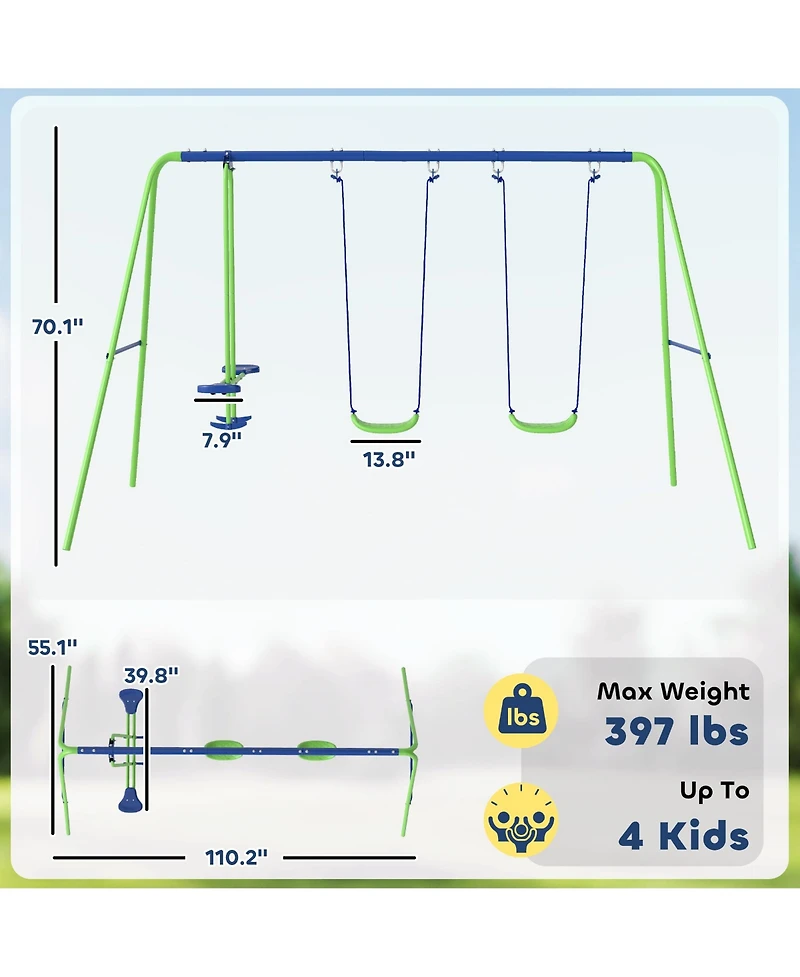 Glintex Metal Swing Set for Kids with Glider and 2 Swing Seats, Adjustable A-Frame Backyard Playset That Holds 396 lbs