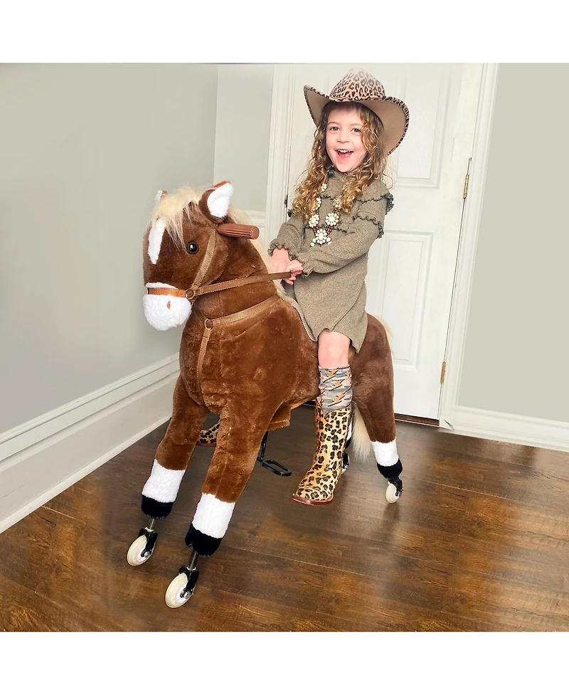 Glintex Ride-On Walking Horse with pedal drive, rolling wheels, steering handlebars, plush pony design, for kids 5-16, supports 130 lbs, Brown.