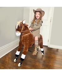 Glintex Ride-On Walking Horse with pedal drive, rolling wheels, steering handlebars, plush pony design, for kids 5-16, supports 130 lbs, Brown.