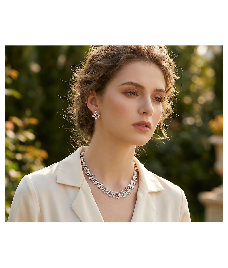 Bling Jewelry Fashion Faux White Pearl Pave Cz Leaf Motif Bib Statement Necklace