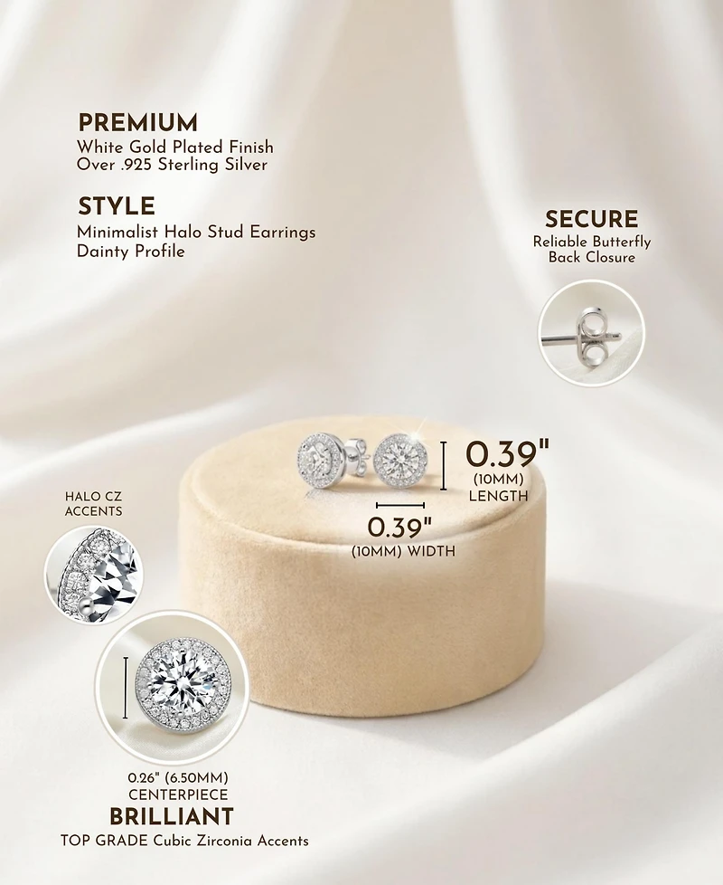 Sterling Silver with Rhodium Plated Clear Round Cubic Zirconia Solitaire Halo Stud Earrings