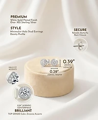 Sterling Silver with Rhodium Plated Clear Round Cubic Zirconia Solitaire Halo Stud Earrings