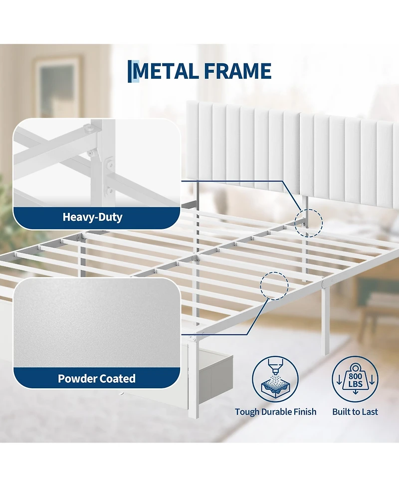 homfan Bed Frame with Upholstered Headboard, Adjustable Headboard Iron Platform Bed, No Box Spring Needed