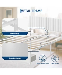 homfan Bed Frame with Upholstered Headboard, Adjustable Headboard Iron Platform Bed, No Box Spring Needed