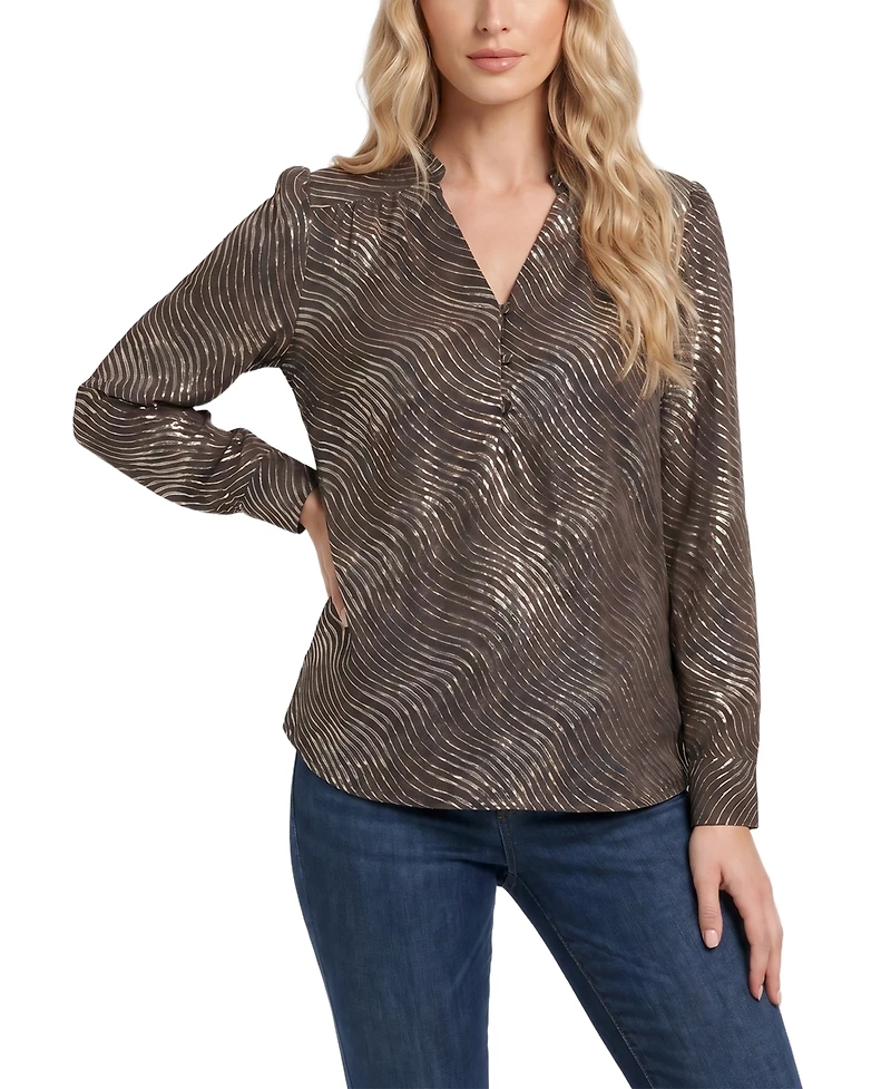 Ny Collection Women's Metallic-Print Ruched-Shoulder V-Neck Long-Sleeve Blouse