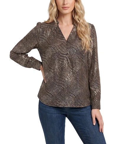 Ny Collection Women's Metallic-Print Ruched-Shoulder V-Neck Long-Sleeve Blouse
