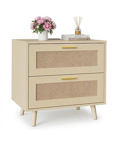 gaomon Rattan Nightstand with Charging Station, 23.6" Bedside Table with 2 Drawers, Night Stand with Usb Ports, Wooden End Table for Bedroom