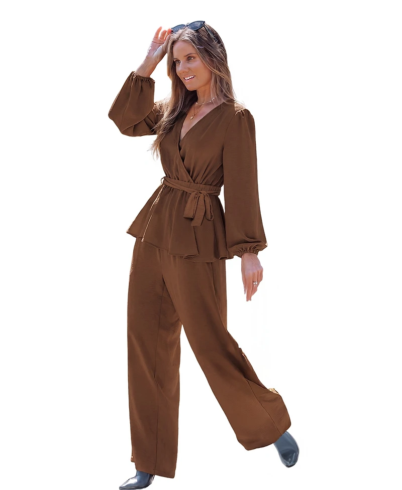 Cupshe Women's Elegant V-Neck Top and Wide-Leg Pants Matching Set