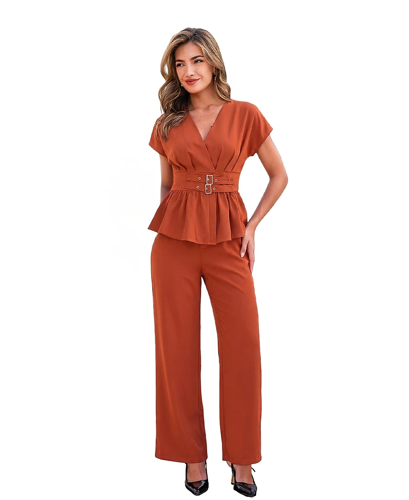 Cupshe Women's Elegant V-Neck Belted Peplum Top and Wide Leg Pants Two-Piece Set