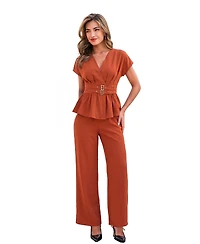 Cupshe Women's Elegant V-Neck Belted Peplum Top and Wide Leg Pants Two-Piece Set