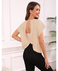 Peneyon Women Short Sleeve Crop Workout Tops Open Back Athletic Gym Yoga Tees
