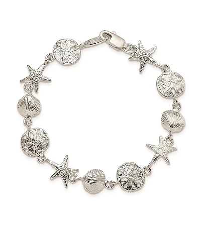 Curata Jewelry Solid Sterling Silver Seashells, Starfish & Sand Dollar Bracelet