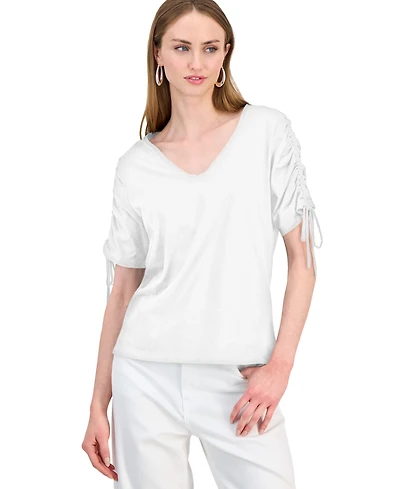 I.n.c. International Concepts Women's Ruched-Sleeve V-Neck Cotton T-Shirt, Macy's Exclusive