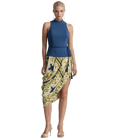 Avec Les Filles Women's Sleeveless Belted Mock Neck Asymetric Drape Midi Dress