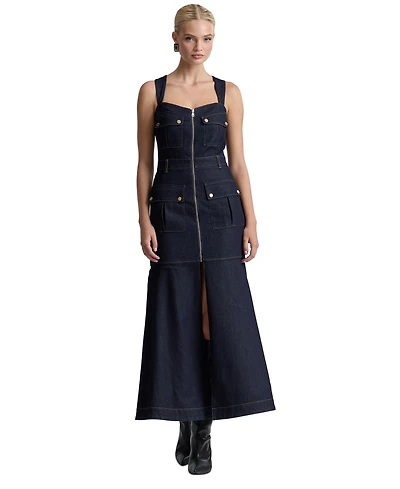 Avec Les Filles Women's Stretch Denim Cargo Zip-Front Midi Dress