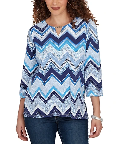 Alfred Dunner Petite Chevron Blues Split Neck Top