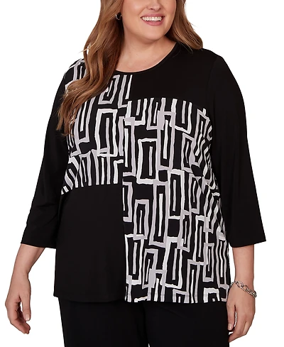Alfred Dunner Plus Spliced Geometric Puff Print Top