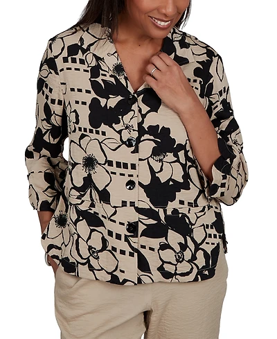 Alfred Dunner Women's Travel Advisory Geo Floral Button Front Top