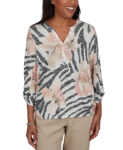 Alfred Dunner Petite Travel Advisory Animal Floral Henley Top