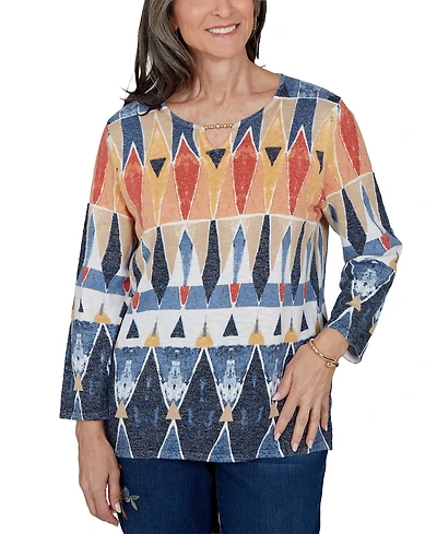 Alfred Dunner Women's Keyhole 3/4-Sleeve Geometric-Print Cotton-Blend Pullover