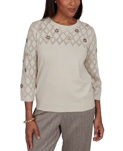 Alfred Dunner Women's 3/4-Sleeve Pointelle Diamond-Pattern Floral-Embellished Sweater