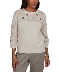 Alfred Dunner Women's 3/4-Sleeve Pointelle Diamond-Pattern Floral-Embellished Sweater