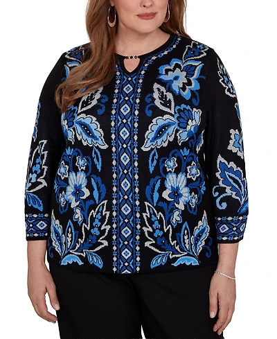 Alfred Dunner Plus Keyhole Neck 3/4-Sleeve Pullover Sweater