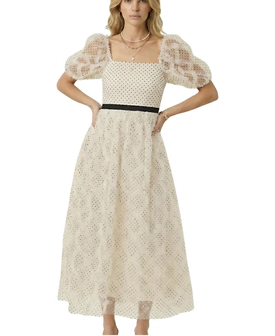 Modenaire Women's Embroidered Puff Sleeve Midi Dress