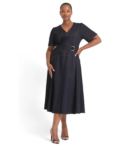 Estelle Women's Lyra V-Neck Belted Fit Flare Denim Midi Dress
