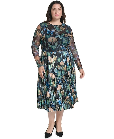 Karl Lagerfeld Paris Plus Mixed Media Mesh Long-Sleeve Dress