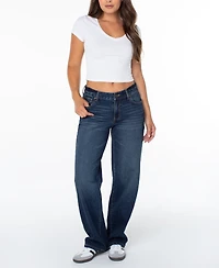 Celebrity Pink Juniors' Straight V Pitch Mid-Rise Cotton-Blend Jeans