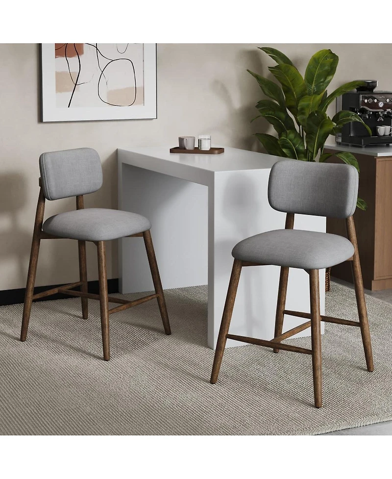 Maison Boucle Counter Height Bar Stools Set of 2, Fabric Upholstered Counter Stools With Curved Backrest, Walnut Finish, Solid Wood Frame