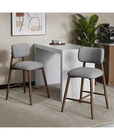 Maison Boucle Counter Height Bar Stools Set of 2, Fabric Upholstered Counter Stools With Curved Backrest, Walnut Finish, Solid Wood Frame
