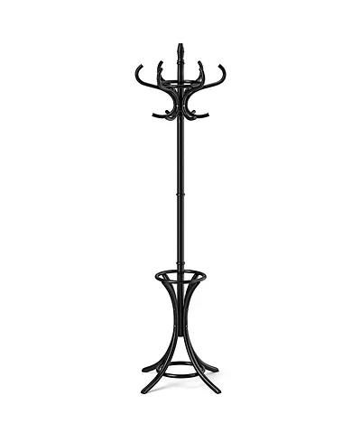 sumyeg Wooden Standing Coat Rack with 12 Hooks and Built-In Umbrella Stand