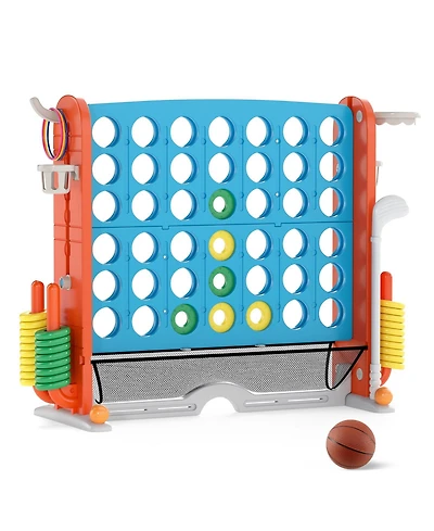 Glintex Jumbo 4-to-Score Game, 4-in-1 Backyard Game Set with Ring Toss, Basketball Hoop, Mini Golf and 3 Adjustable Heights, Blue Orange