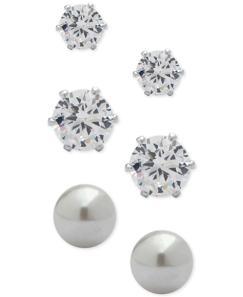 Anne Klein 3-Pc. Set Crystal and Imitation Pearl Stud Earrings