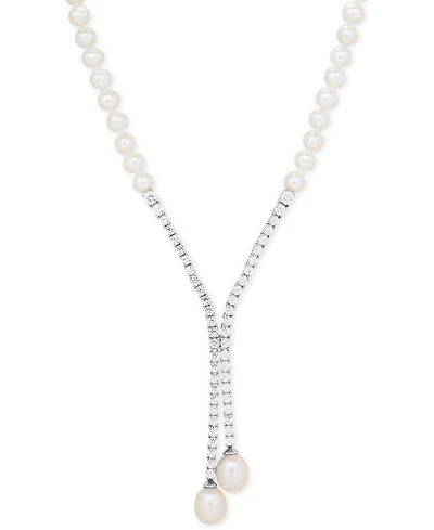 Arabella Cultured Freshwater Pearl (5mm & 10 x 8mm) & Cubic Zirconia Lariat Necklace in Sterling Silver, Created for Macy's