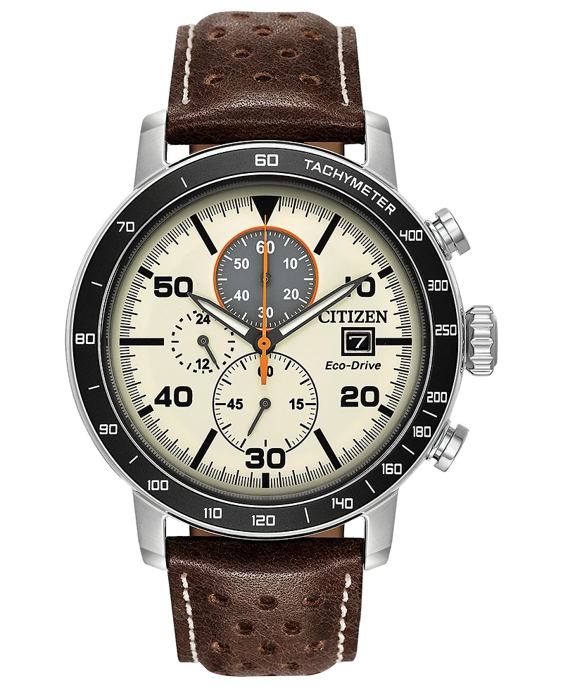 Citizen Eco-Drive Men's Chronograph Brown Leather Strap Watch 44mm