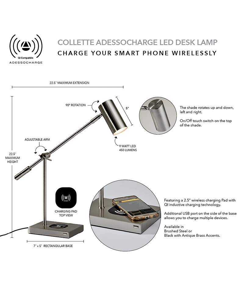Adesso Collette Led Desk Lamp with Wireless Air Charger & Usb Port