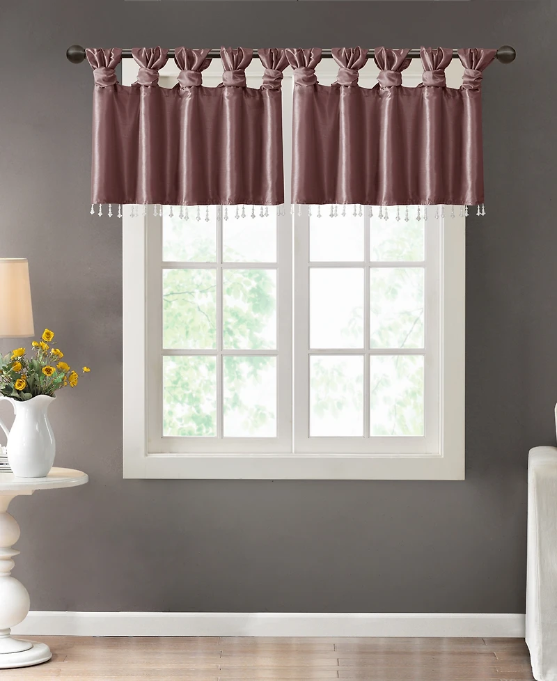 Madison Park Emilia Lightweight Faux Silk Valance With Beads, 26 inch valances for windows, Width 50 length 26 inches, Purple curtain with valance