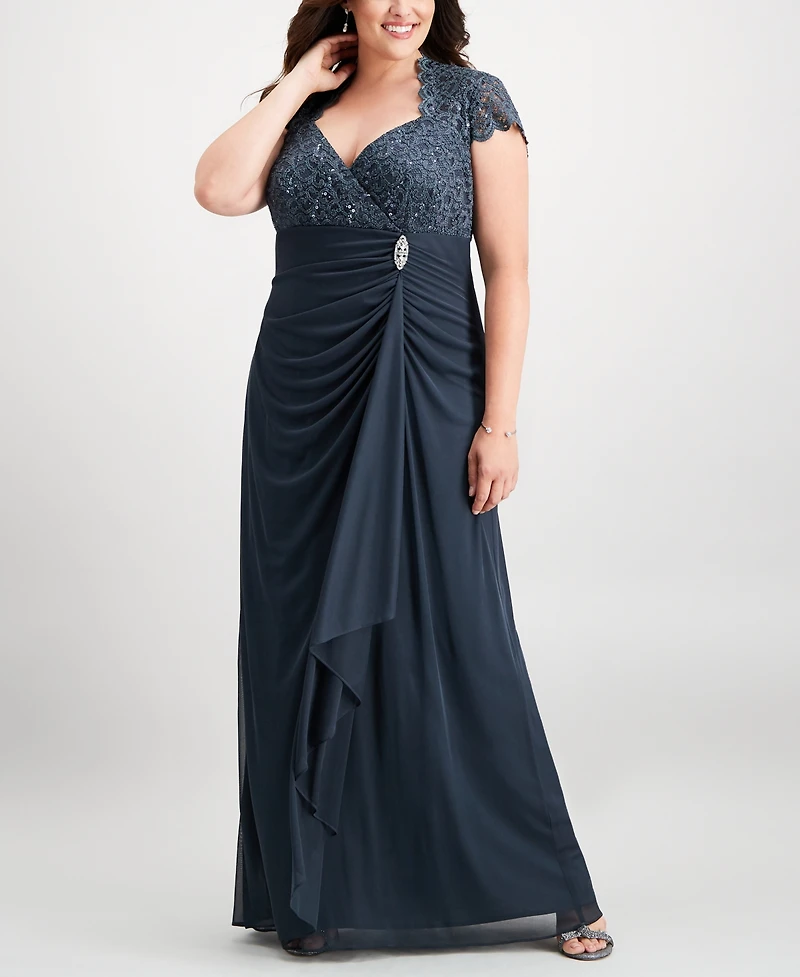 B&A by Betsy & Adam Plus Sequined-Lace Ruched Gown