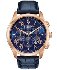 Bulova Men's Chronograph Wilton Blue Leather Strap Watch 46.5mm